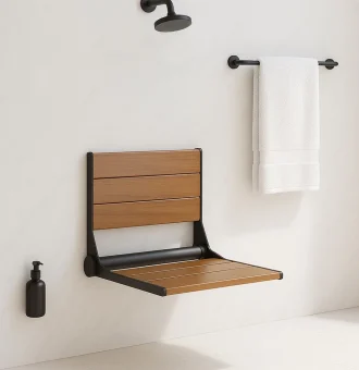 ADA Compliant Folding Teak Wood Shower Bench Seat Medical Wall Mount Black2