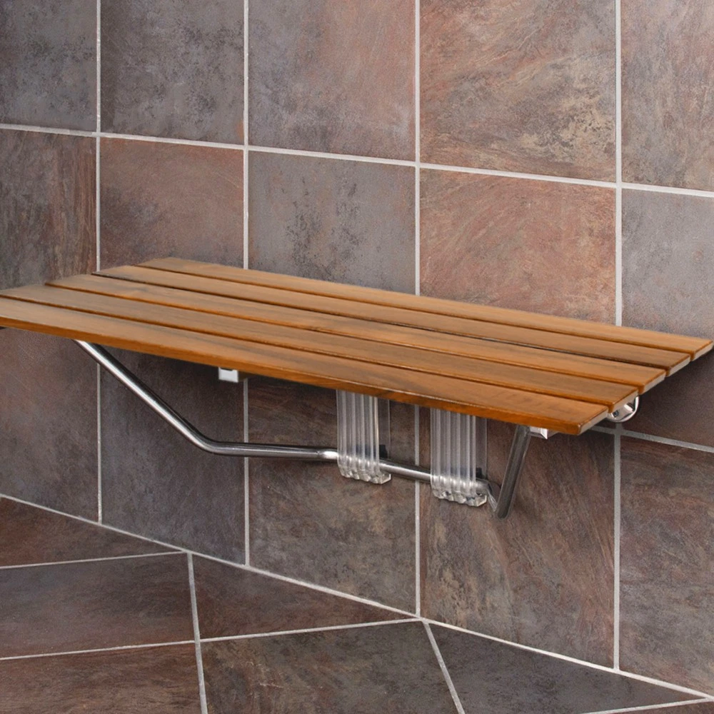 ADA Compliant Shower Seat Teak Wood Folding Bench Wall Mounted Coated Modern